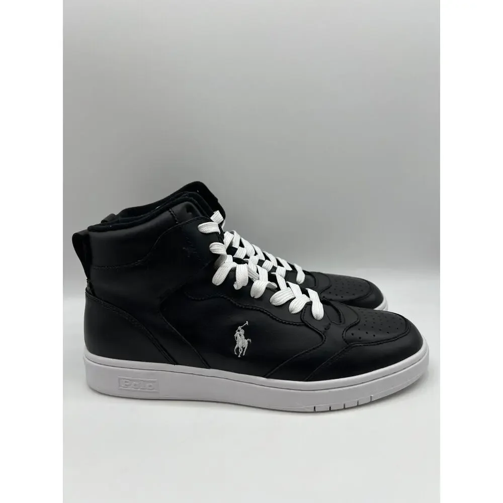Polo Ralph Lauren Court Leather High Top Sneaker Black/White Size 9